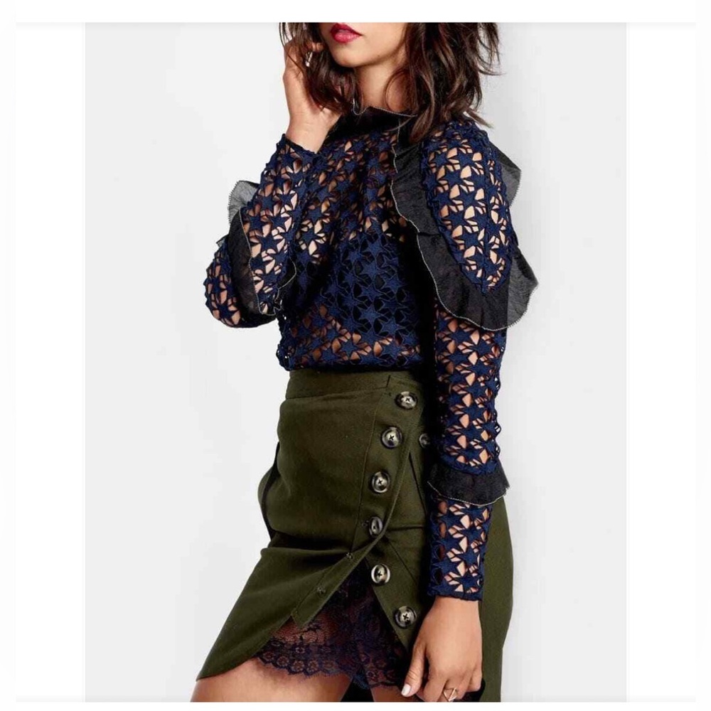 Self-Portrait Navy and Black Lace Blouse